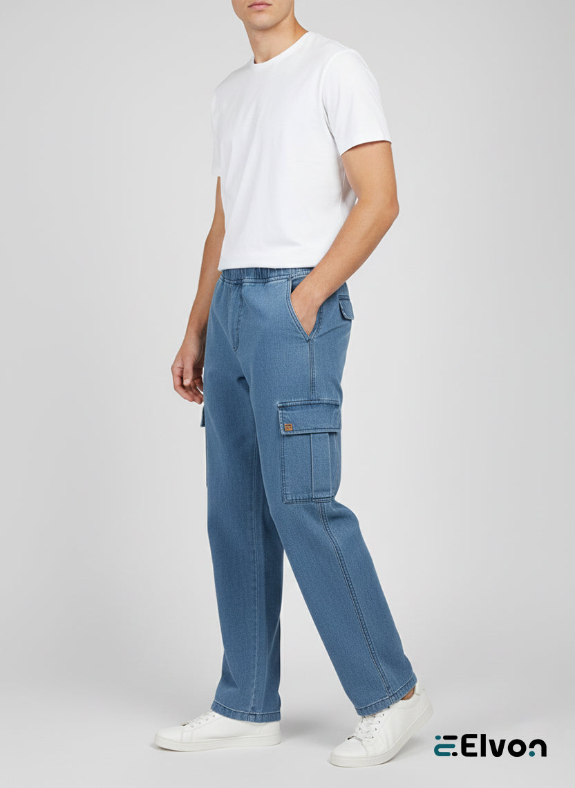 Elvon Signature Straight-Fit 6-Pocket Lightweight Denim Cargos | Blue