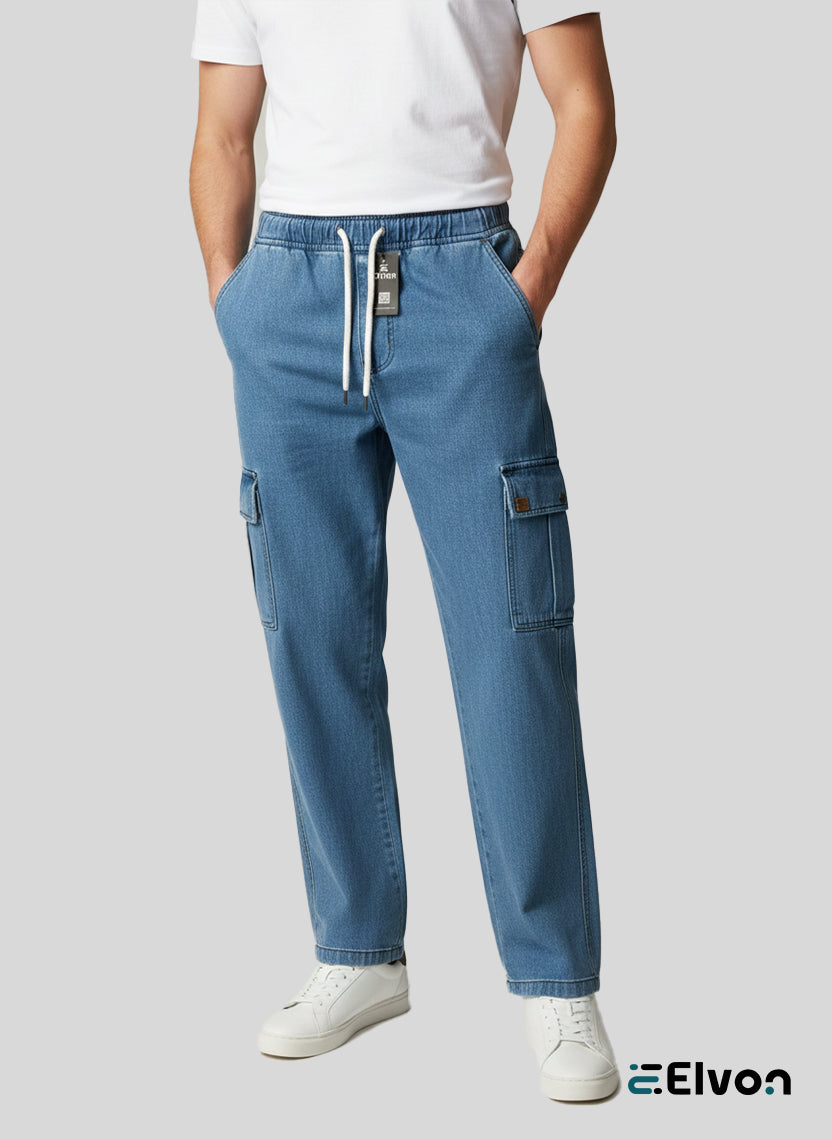 Elvon Signature Straight-Fit 6-Pocket Lightweight Denim Cargos | Blue
