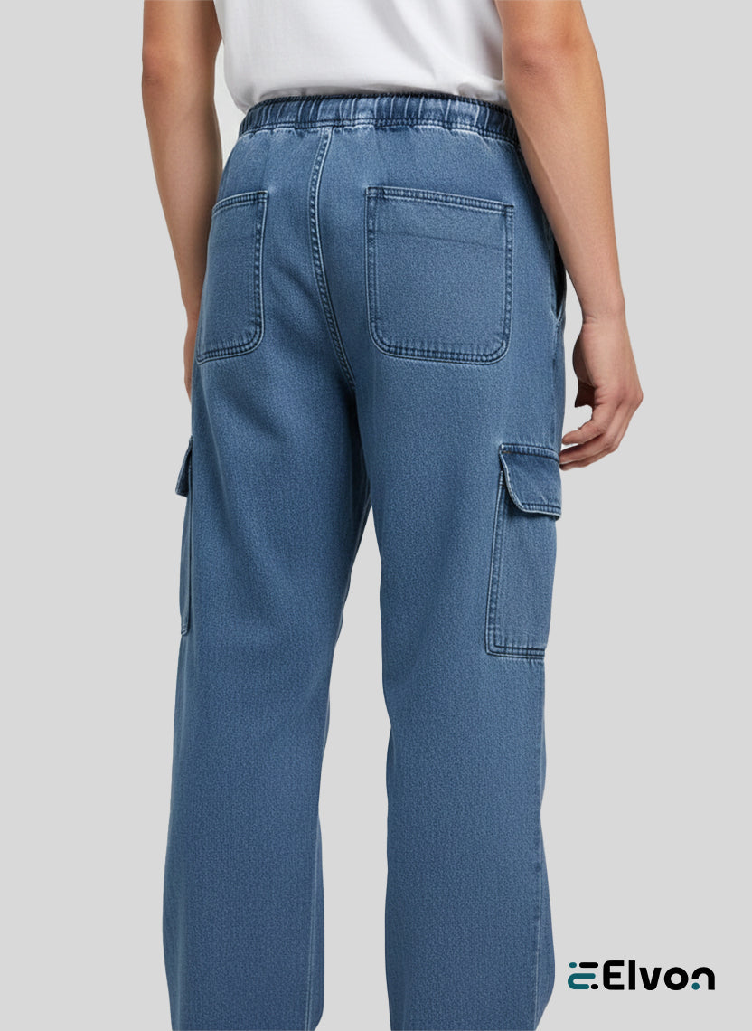 Elvon Signature Straight-Fit 6-Pocket Lightweight Denim Cargos | Blue